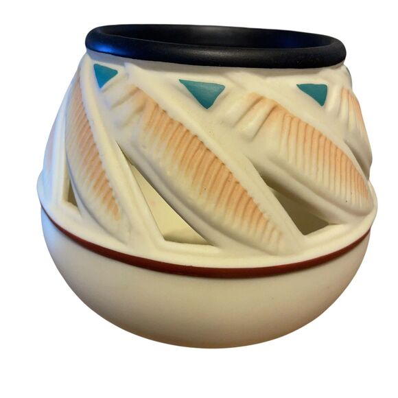 Partylite Southwestern Aztec Ceramic Votive Tealight Candle Holder Feathers - Picture 2 of 5